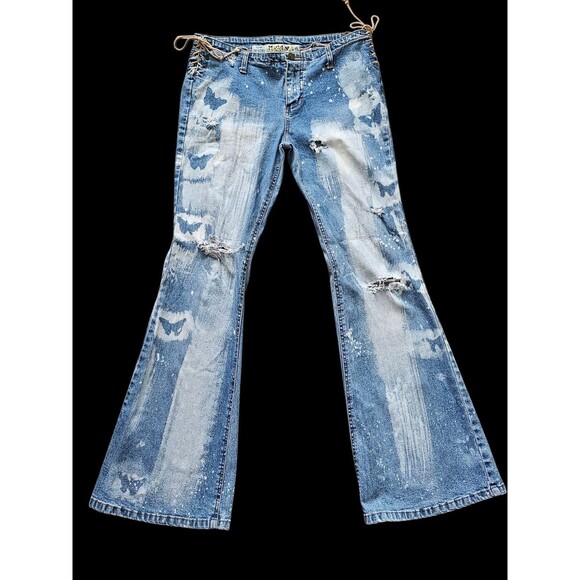 Vintage Mudd Jeans 11 Bell Bottoms Flare 90s Y2K Hippie Boho Lace Up Butterflies